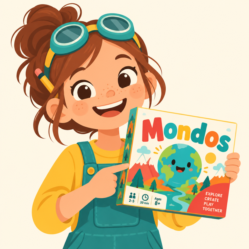 Illustration of Siena, the 9-year-old inventor of Mondos, holding the game box